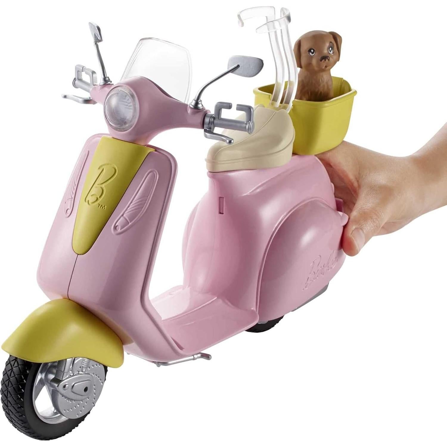 Scooter de Juguete Barbie Moped Rosa y Amarillo con Cachorro