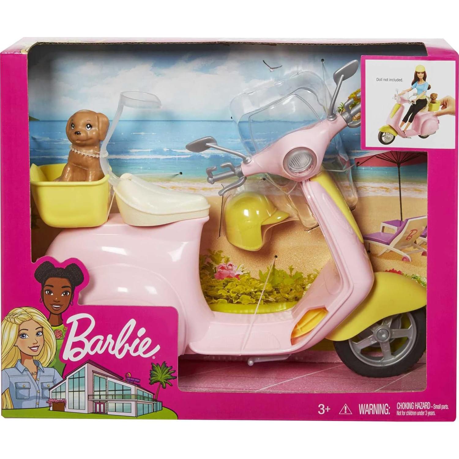 Scooter de Juguete Barbie Moped Rosa y Amarillo con Cachorro