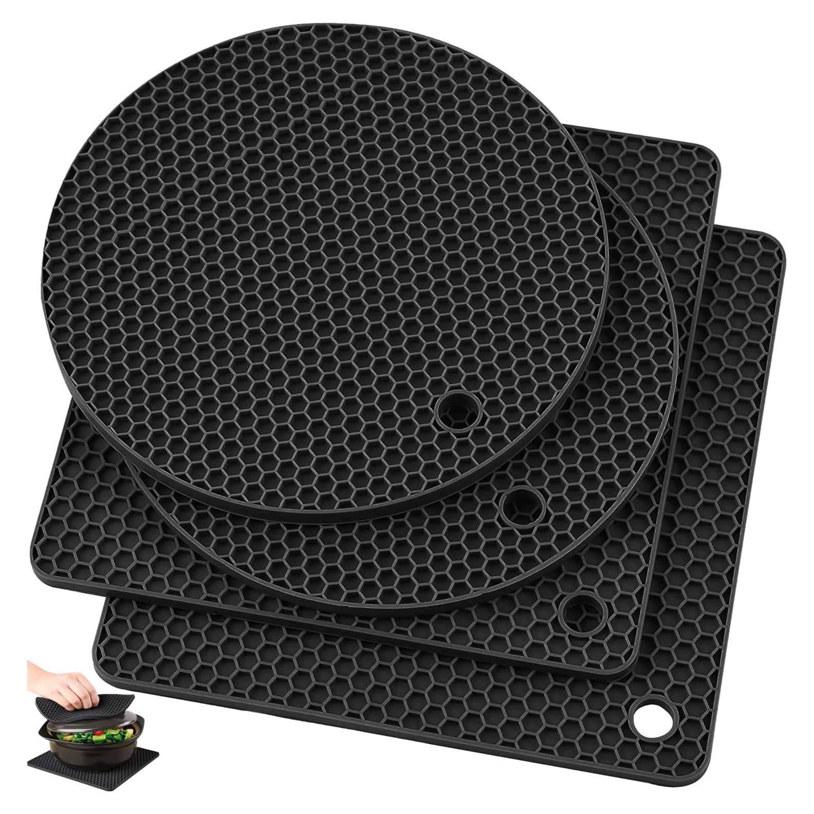 Silicone Trivet Pot Mat, Silicone Pot Holders for Hot Pan and Pot Pads. Heat Resistant Counter Mats for Tables Placemats,Countertops, Spoon Rest and Large Coasters,4 Pack Black(2 Squared + 2 Round)