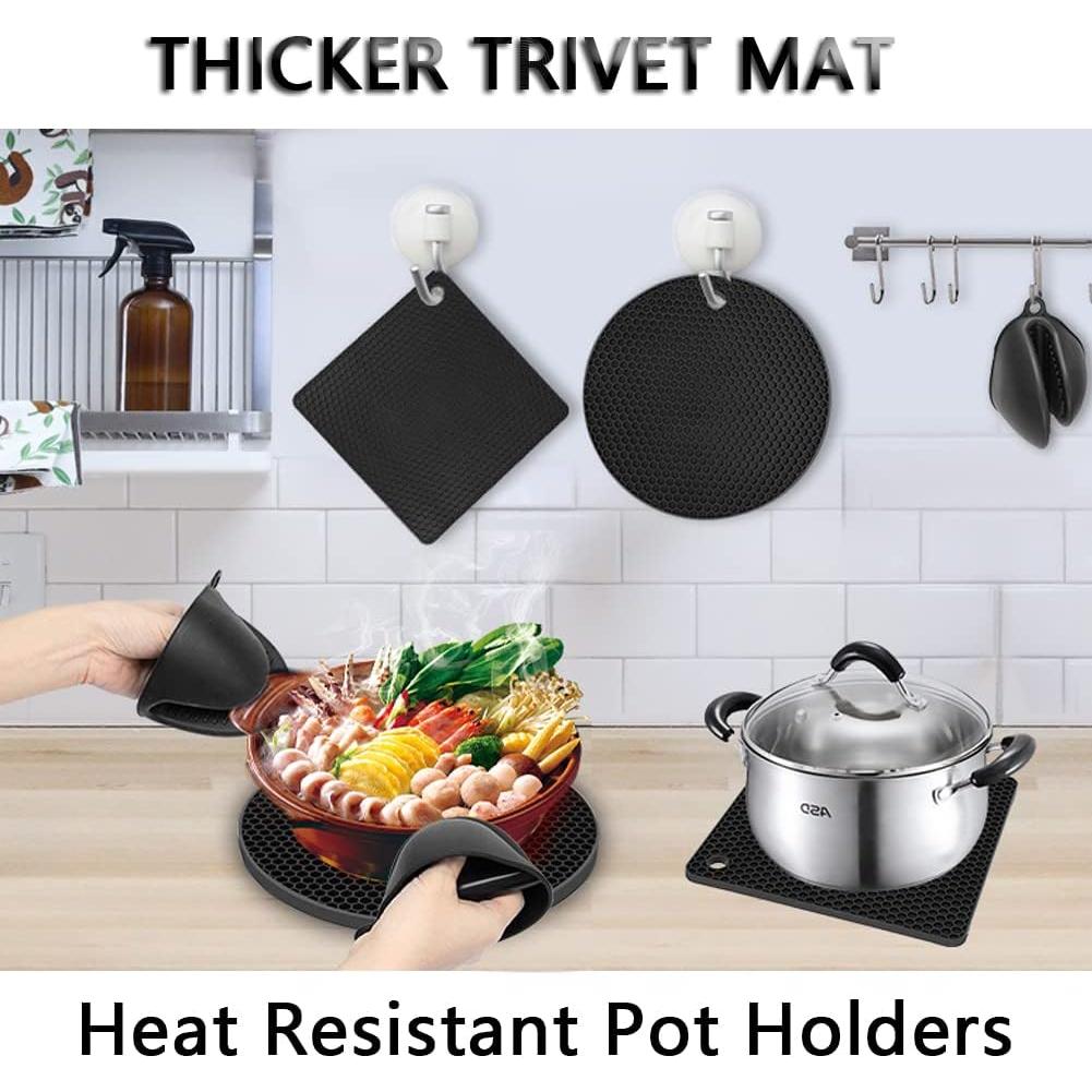 Silicone Trivet Pot Mat, Silicone Pot Holders for Hot Pan and Pot Pads. Heat Resistant Counter Mats for Tables Placemats,Countertops, Spoon Rest and Large Coasters,4 Pack Black(2 Squared + 2 Round)