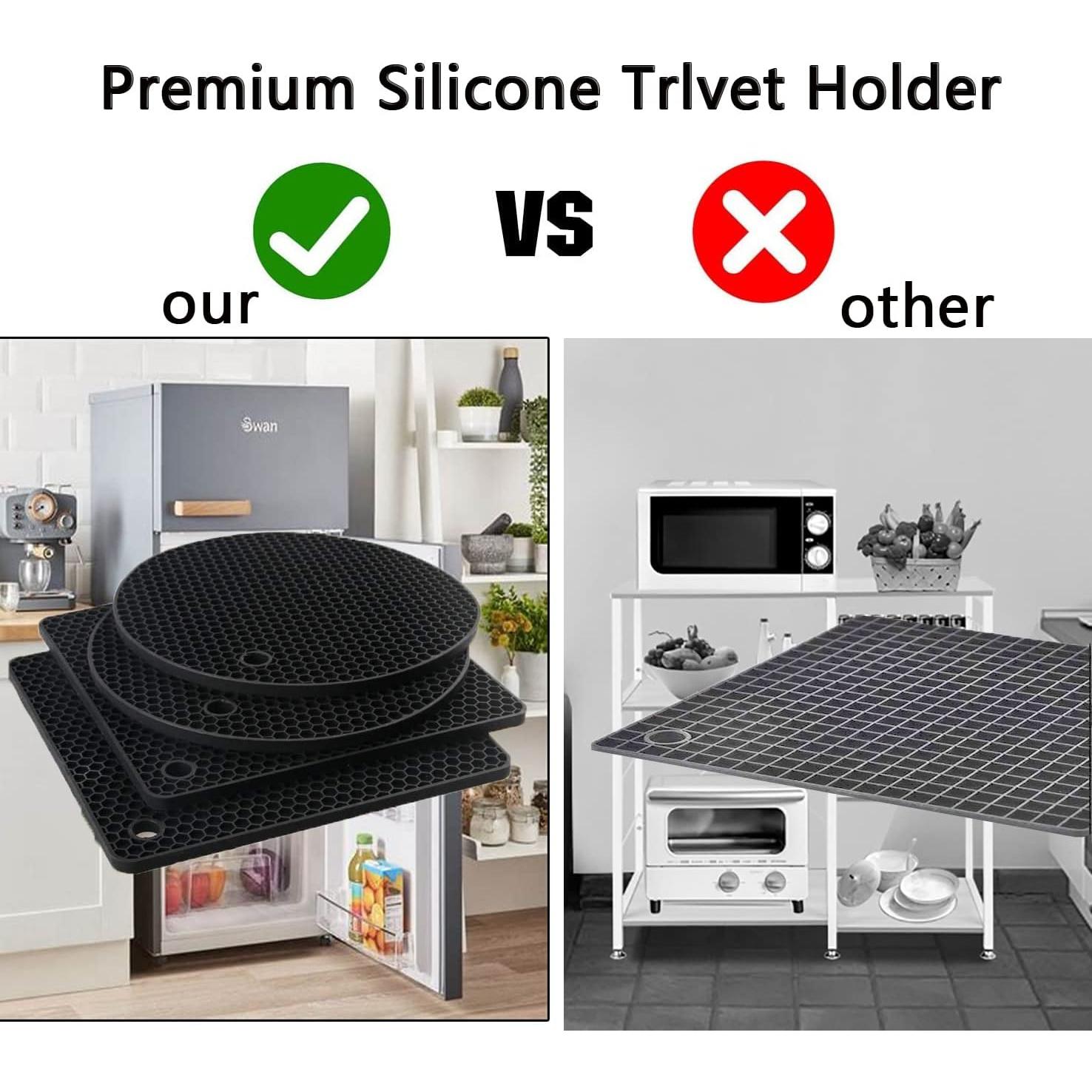 Silicone Trivet Pot Mat, Silicone Pot Holders for Hot Pan and Pot Pads. Heat Resistant Counter Mats for Tables Placemats,Countertops, Spoon Rest and Large Coasters,4 Pack Black(2 Squared + 2 Round)