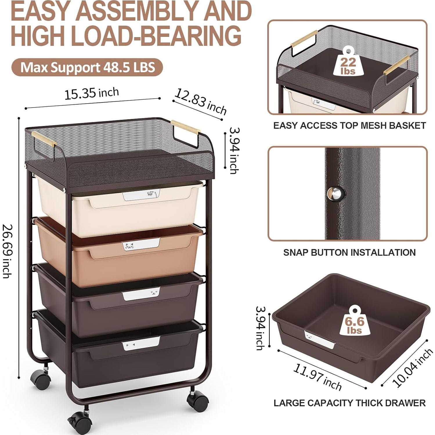 Carro Rodante de Almacenamiento SYKIARIOL 4 Cajones Marrón