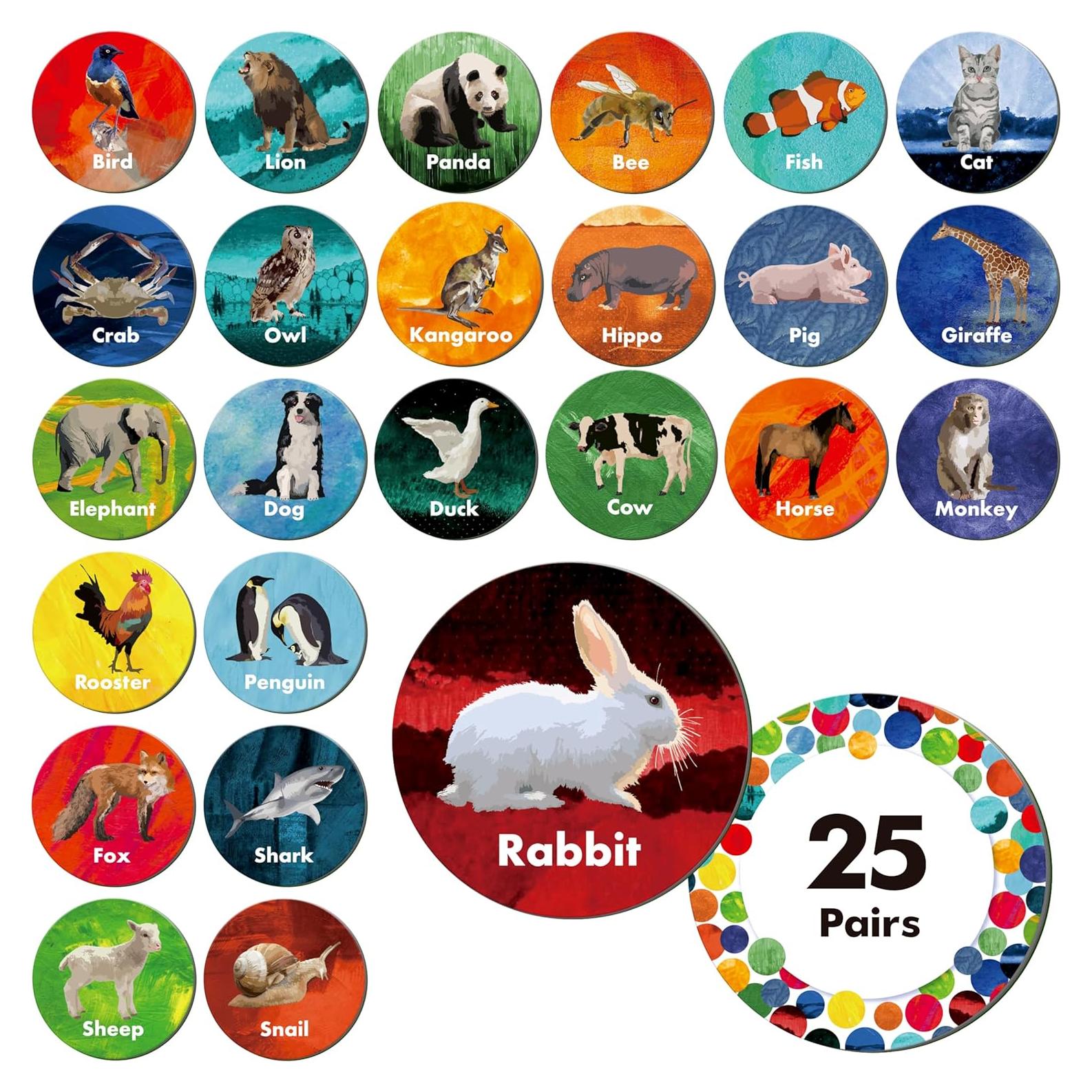 Juego de Memoria de Animales Hebayy - 50 Tarjetas Redondas 7.62 cm