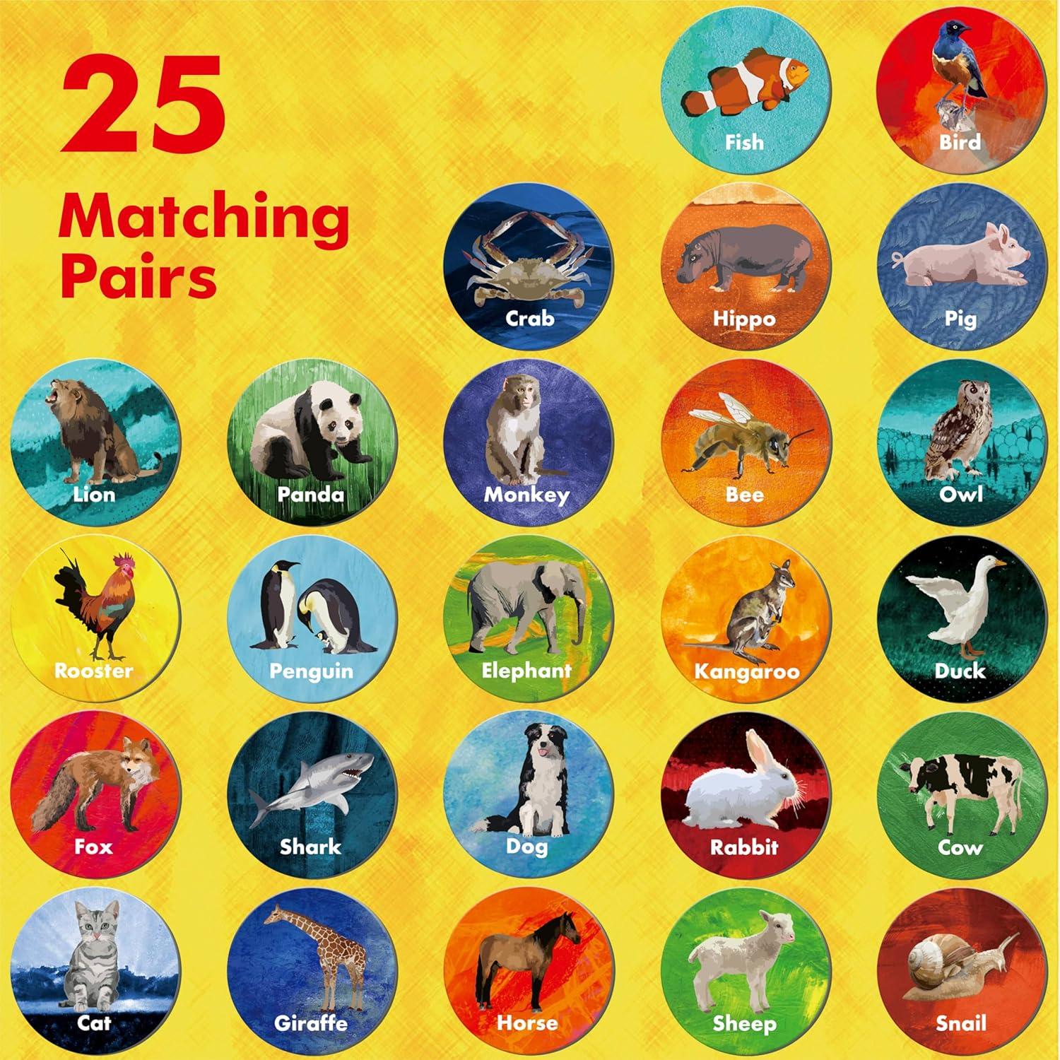 Juego de Memoria de Animales Hebayy - 50 Tarjetas Redondas 7.62 cm