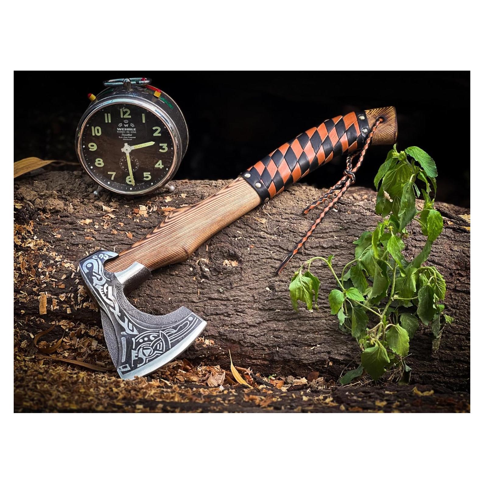 18" Custom Handmade Carbon Steel Viking Axe, Throwing Axe, Norse Viking Axe, Birthday Gift for him, Leather Wrapped Handle and Leather Sheath (Valhalla Axe)