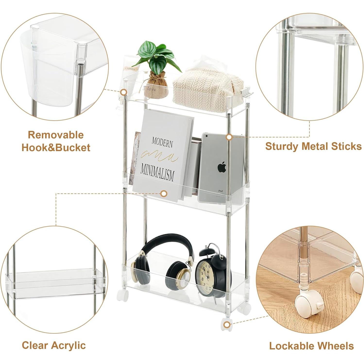 Carro Rodante de Almacenamiento VECELO 3 Niveles Acrílico