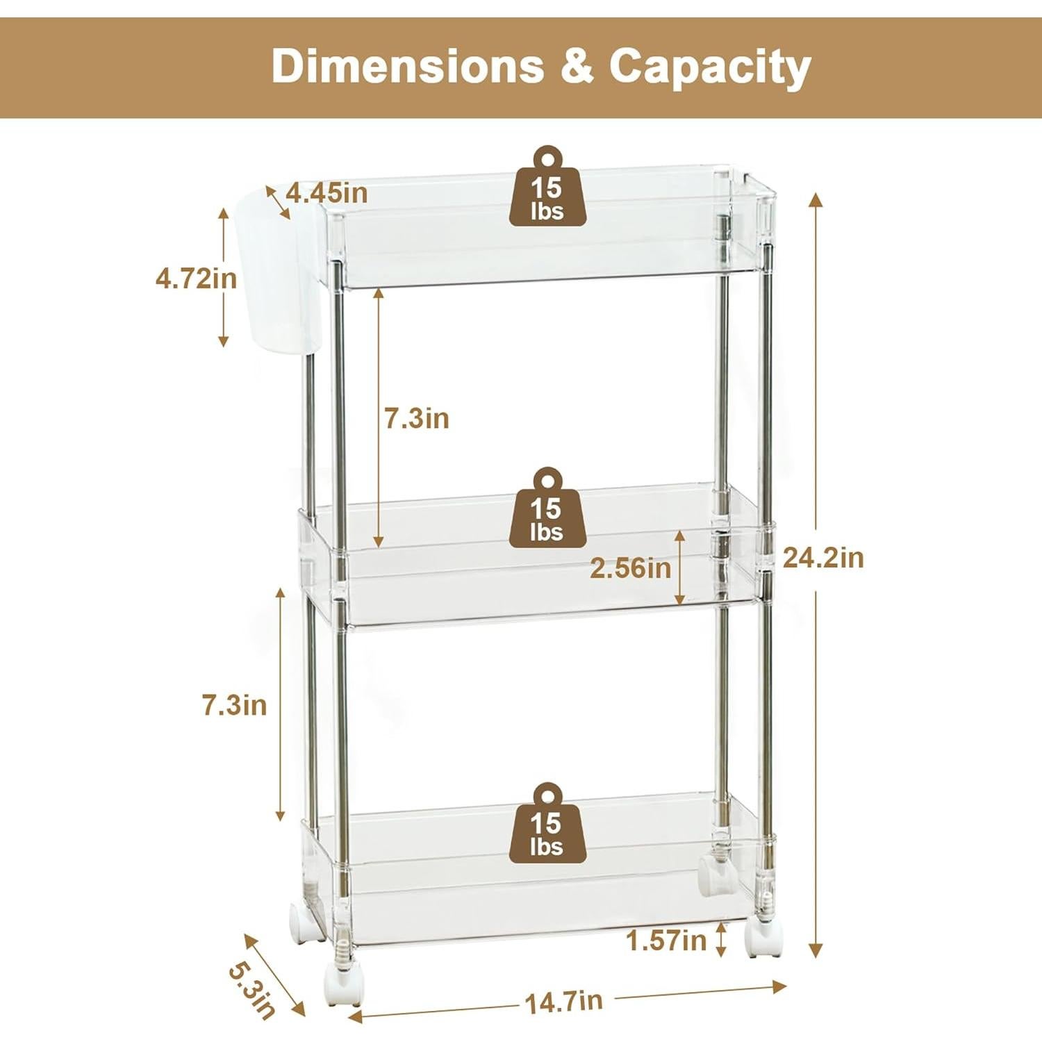 Carro Rodante de Almacenamiento VECELO 3 Niveles Acrílico