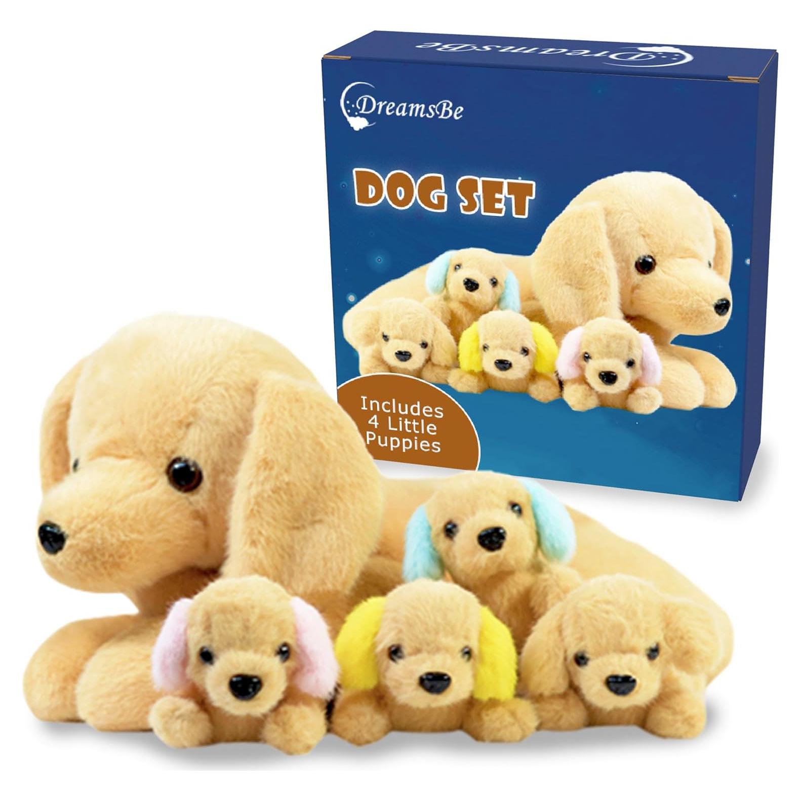 DreamsBe Perro de Peluche Mamá con 4 Cachorros 38 cm
