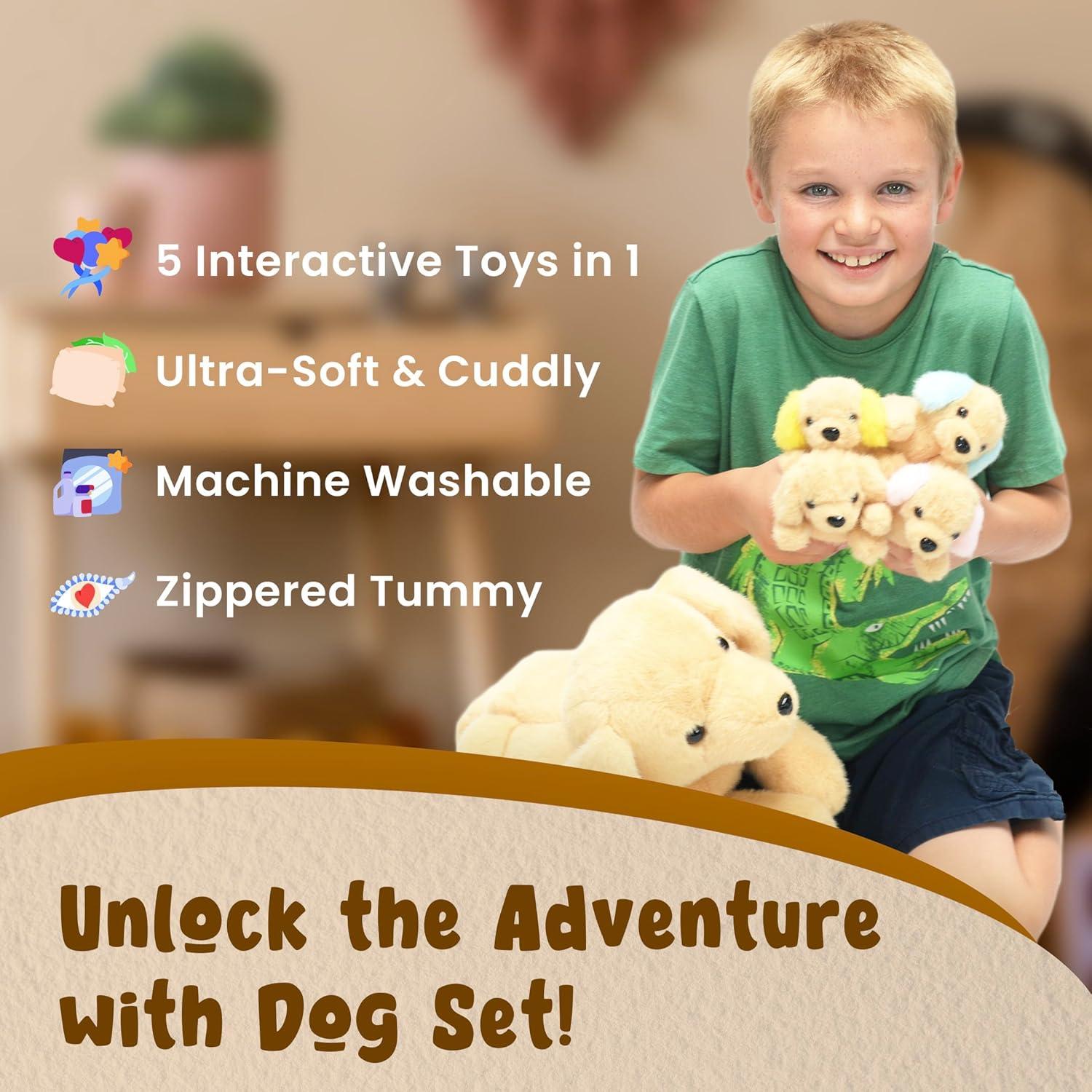 DreamsBe Perro de Peluche Mamá con 4 Cachorros 38 cm