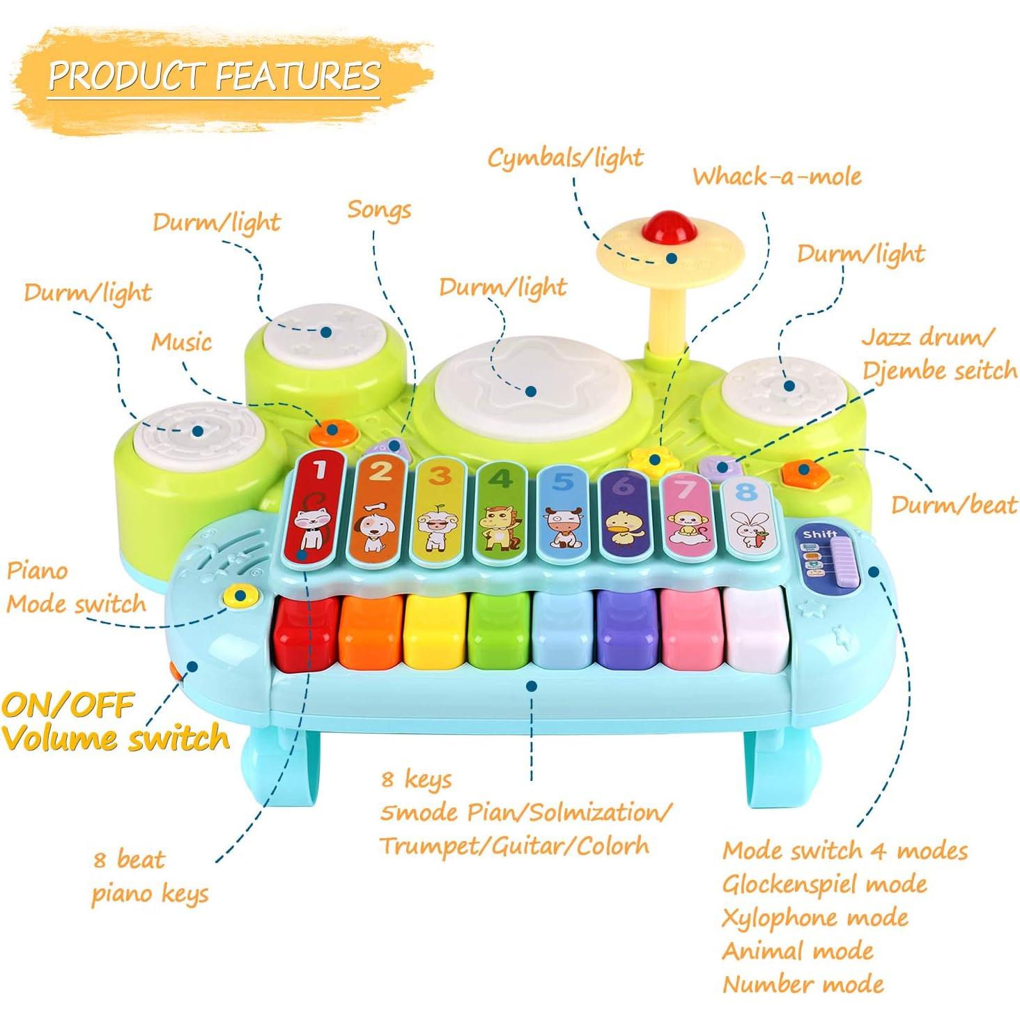 Juguete Musical 3 en 1 AugToy Piano Xilófono Batería Verde