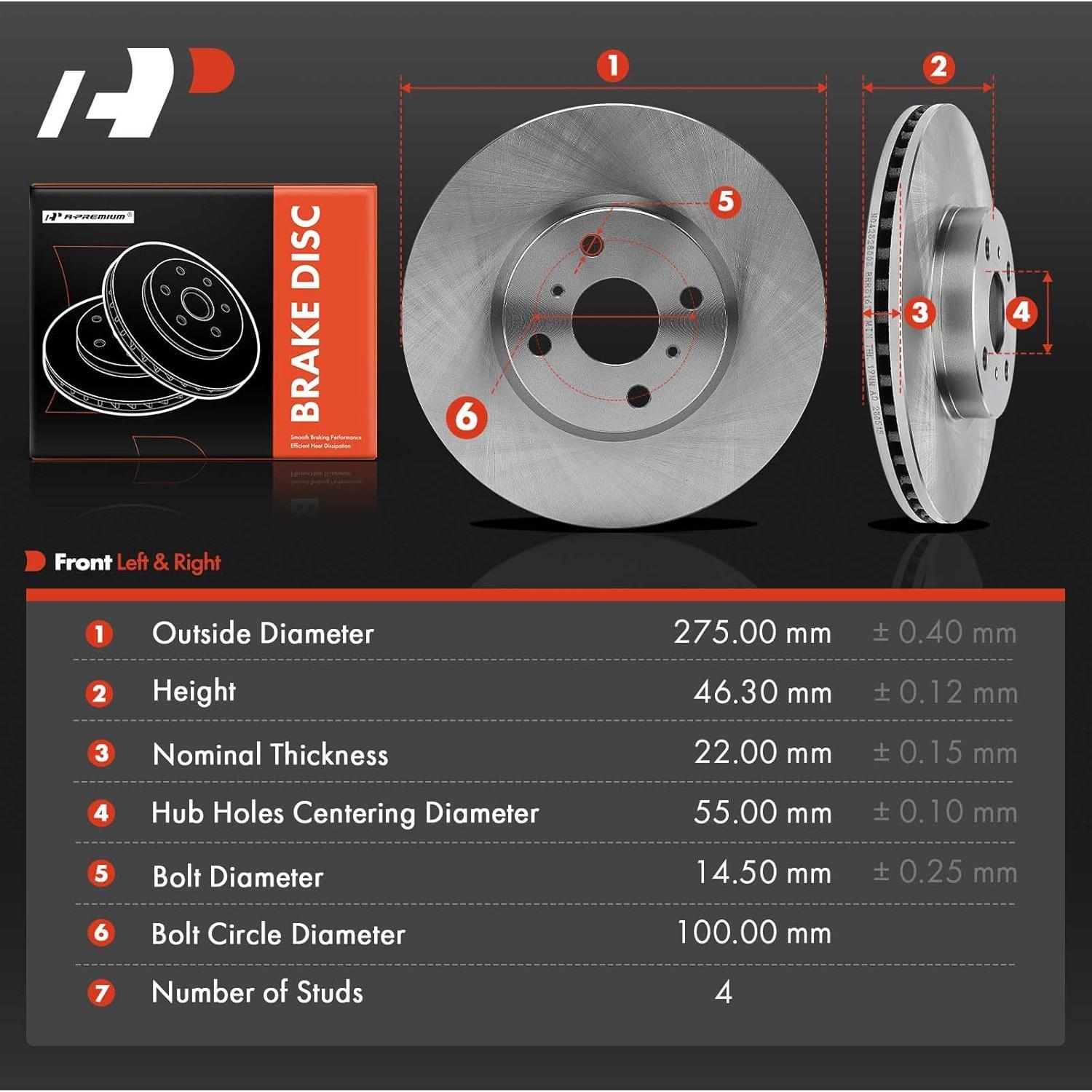 A-Premium 10.83 inch (275mm) Front Vented Disc Brake Rotors Compatible with Select Toyota models - Yaris 2012-2018, 2-PC Set