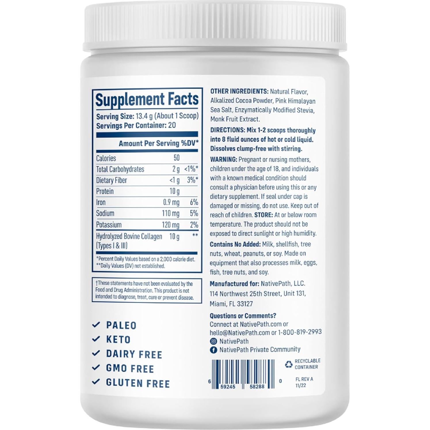 Colágeno Hidrolizado Tipo 1 y 3 NativePath Chocolate 268g