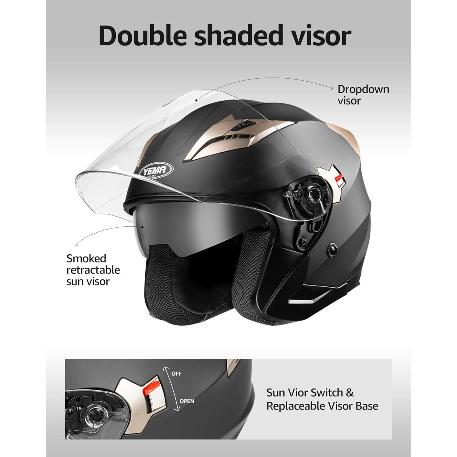 Casco de Motocicleta YEMA YM-627 Doble Visera Negro Mate