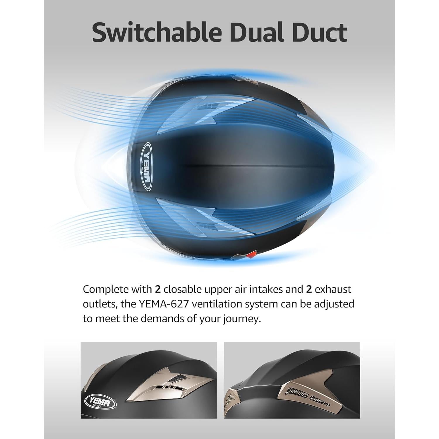 Casco de Motocicleta YEMA YM-627 Doble Visera Negro Mate