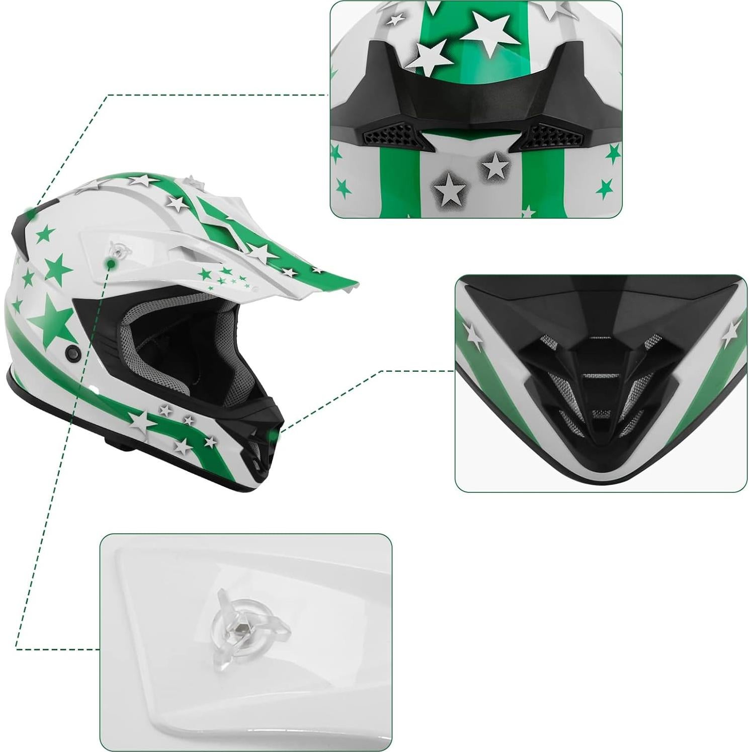 Casco XFMT Offroad Estrella Verde S/M/L/XL para Motociclismo