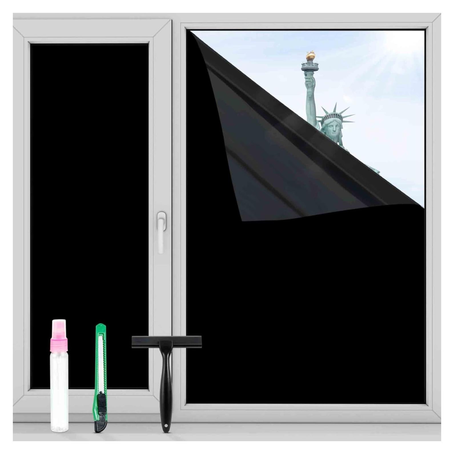 FuFin Total Blackout Window Privacy Film with Free Installation Tools,Explosion-Proof PET Material,Blocks 100% of UV and Light Rays.Heat Control Room Darkening Cover(Total Black 17.5"×78.7")
