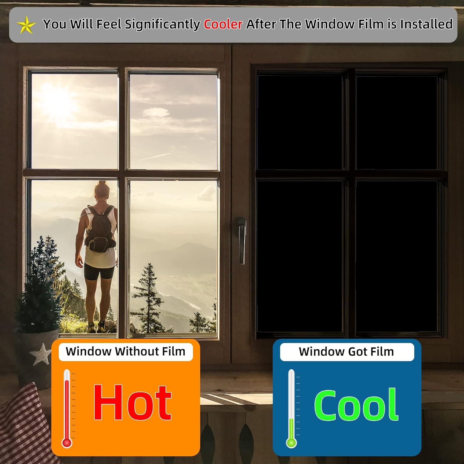 FuFin Total Blackout Window Privacy Film with Free Installation Tools,Explosion-Proof PET Material,Blocks 100% of UV and Light Rays.Heat Control Room Darkening Cover(Total Black 17.5"×78.7")