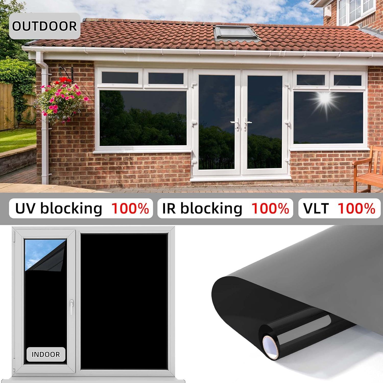 FuFin Total Blackout Window Privacy Film with Free Installation Tools,Explosion-Proof PET Material,Blocks 100% of UV and Light Rays.Heat Control Room Darkening Cover(Total Black 17.5"×78.7")