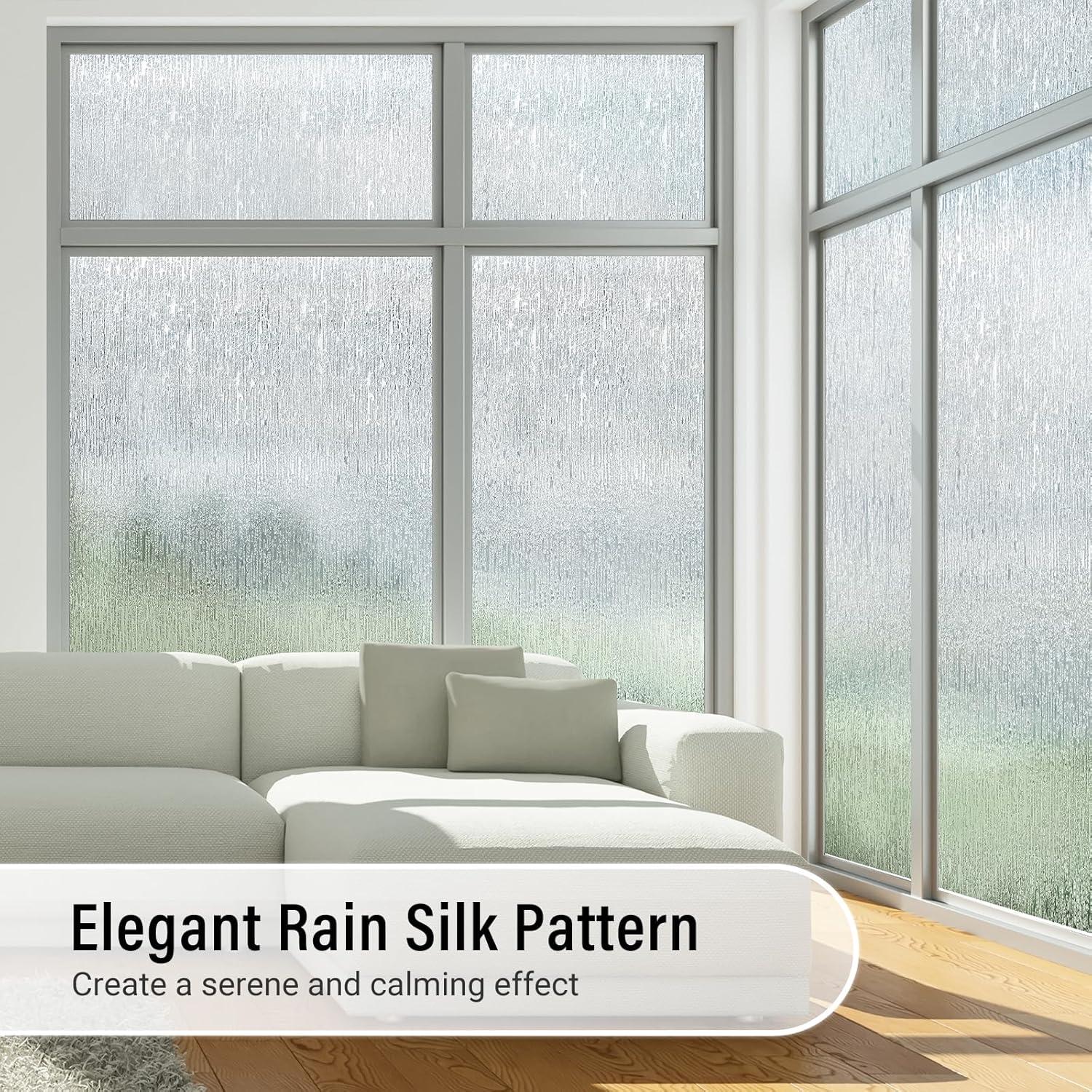 LUTE Rain Glass Window Film, Privacy Frosted Film Decorative Sticker, UV Blocking Static Cling Removable Glass Cover, Stained Frosting Cling Door Window Vinyl for Home Office, 17.5" x 78.7"