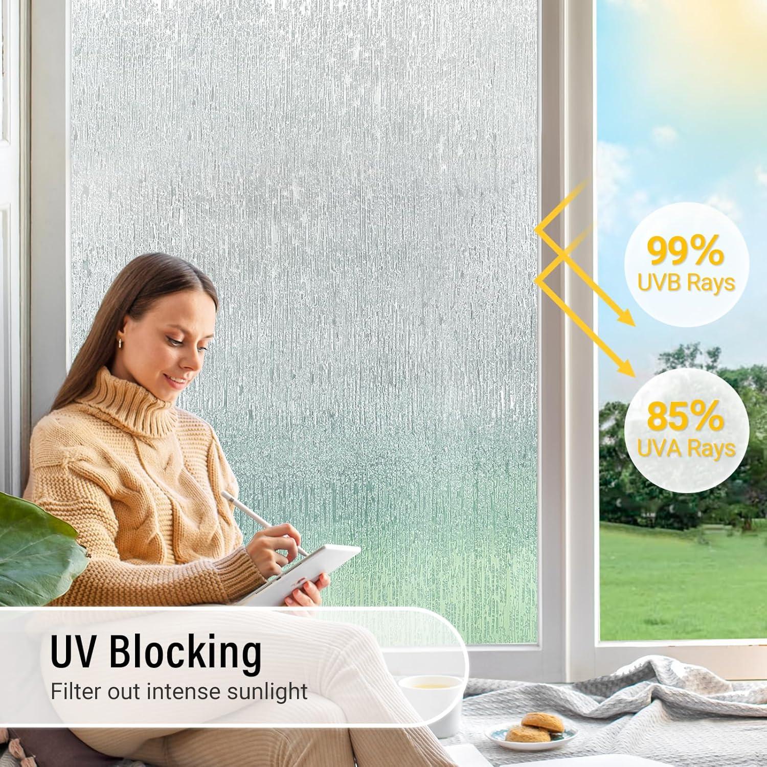LUTE Rain Glass Window Film, Privacy Frosted Film Decorative Sticker, UV Blocking Static Cling Removable Glass Cover, Stained Frosting Cling Door Window Vinyl for Home Office, 17.5" x 78.7"
