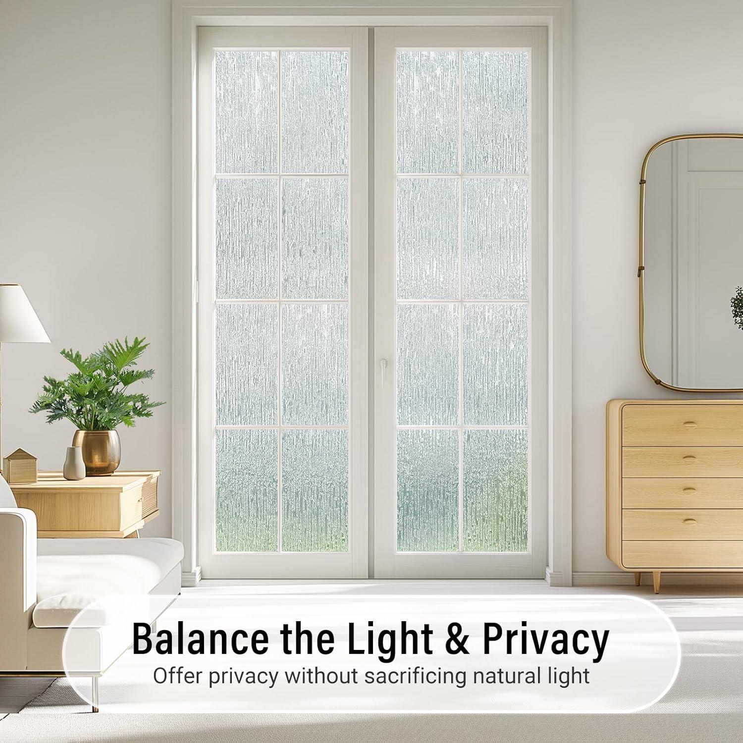 LUTE Rain Glass Window Film, Privacy Frosted Film Decorative Sticker, UV Blocking Static Cling Removable Glass Cover, Stained Frosting Cling Door Window Vinyl for Home Office, 17.5" x 78.7"