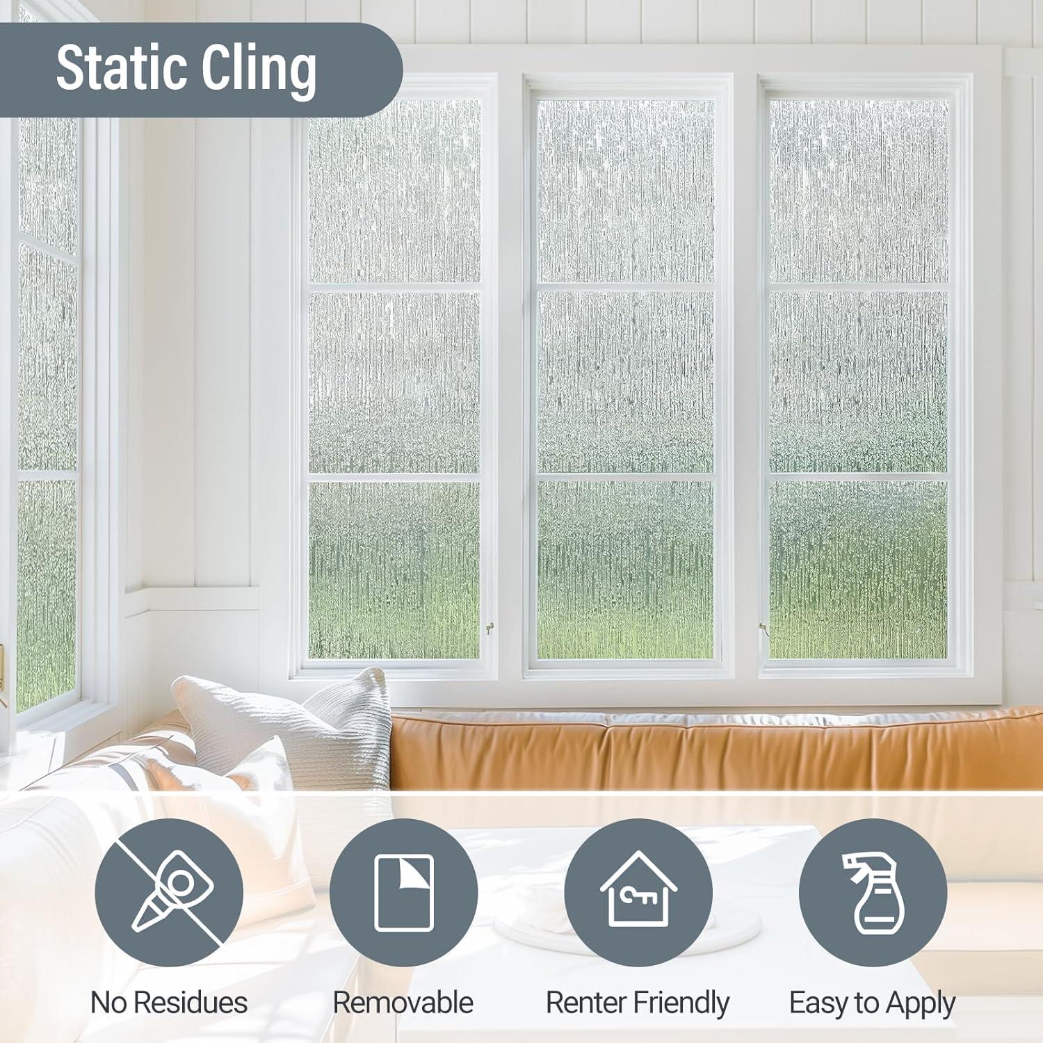 LUTE Rain Glass Window Film, Privacy Frosted Film Decorative Sticker, UV Blocking Static Cling Removable Glass Cover, Stained Frosting Cling Door Window Vinyl for Home Office, 17.5" x 78.7"