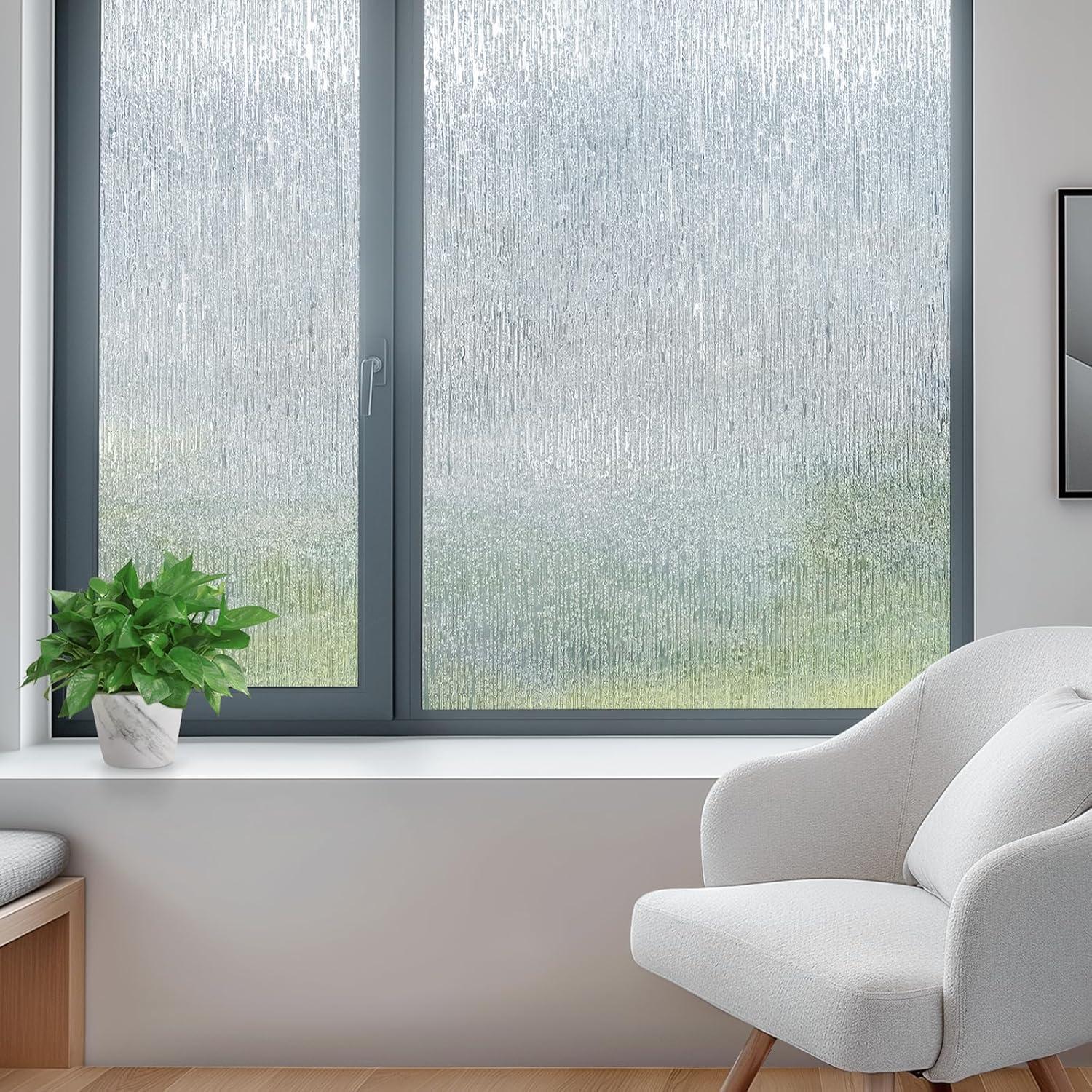 LUTE Rain Glass Window Film, Privacy Frosted Film Decorative Sticker, UV Blocking Static Cling Removable Glass Cover, Stained Frosting Cling Door Window Vinyl for Home Office, 17.5" x 78.7"