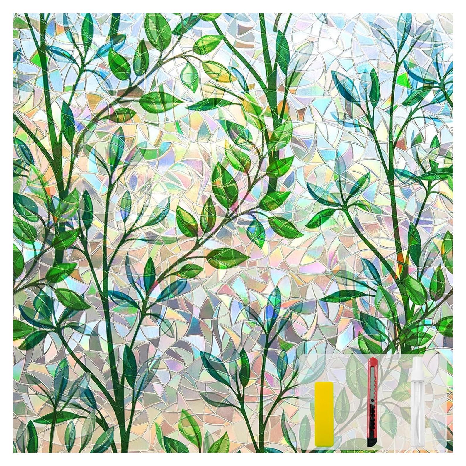 Window Privacy Film Stain Glass Window Film Rainbow Window Film Window clings Non-Adhesive Reusable Decorative for Room (Leaf Rainbow, 17.5 X 78.7 in)