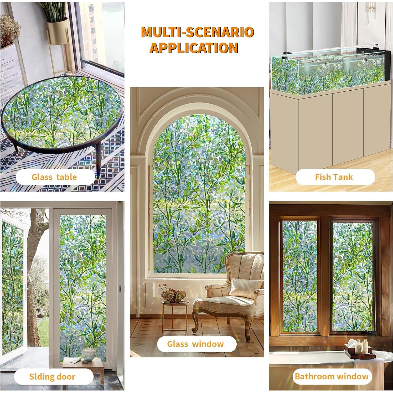 Window Privacy Film Stain Glass Window Film Rainbow Window Film Window clings Non-Adhesive Reusable Decorative for Room (Leaf Rainbow, 17.5 X 78.7 in)