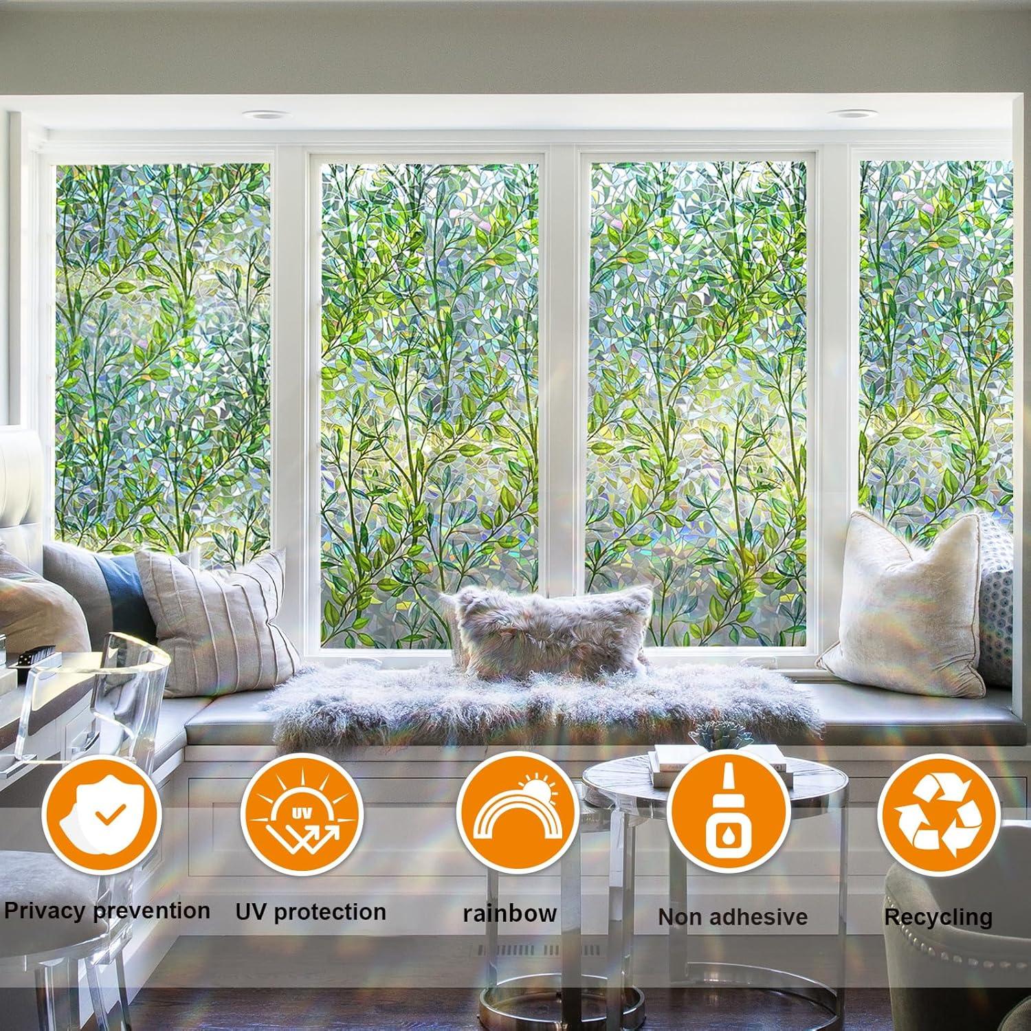 Window Privacy Film Stain Glass Window Film Rainbow Window Film Window clings Non-Adhesive Reusable Decorative for Room (Leaf Rainbow, 17.5 X 78.7 in)