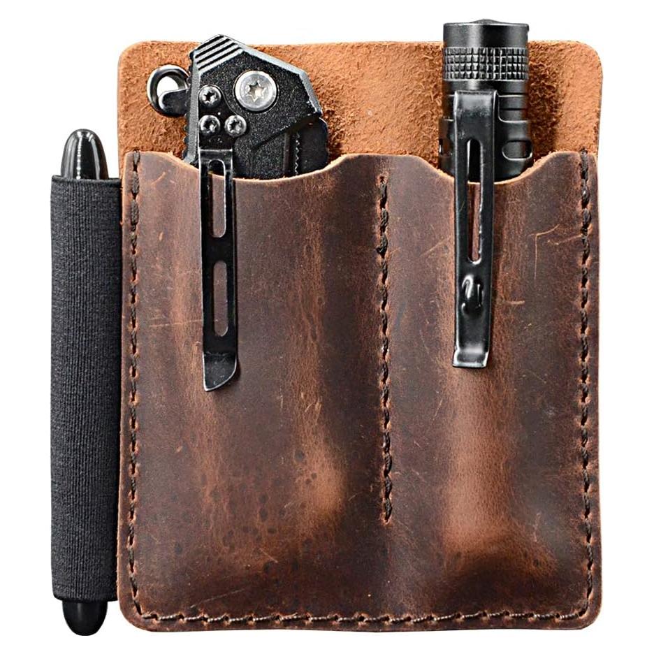 Organizador de bolsillo EDC Diodrio de cuero castaño 10.4x10.4cm