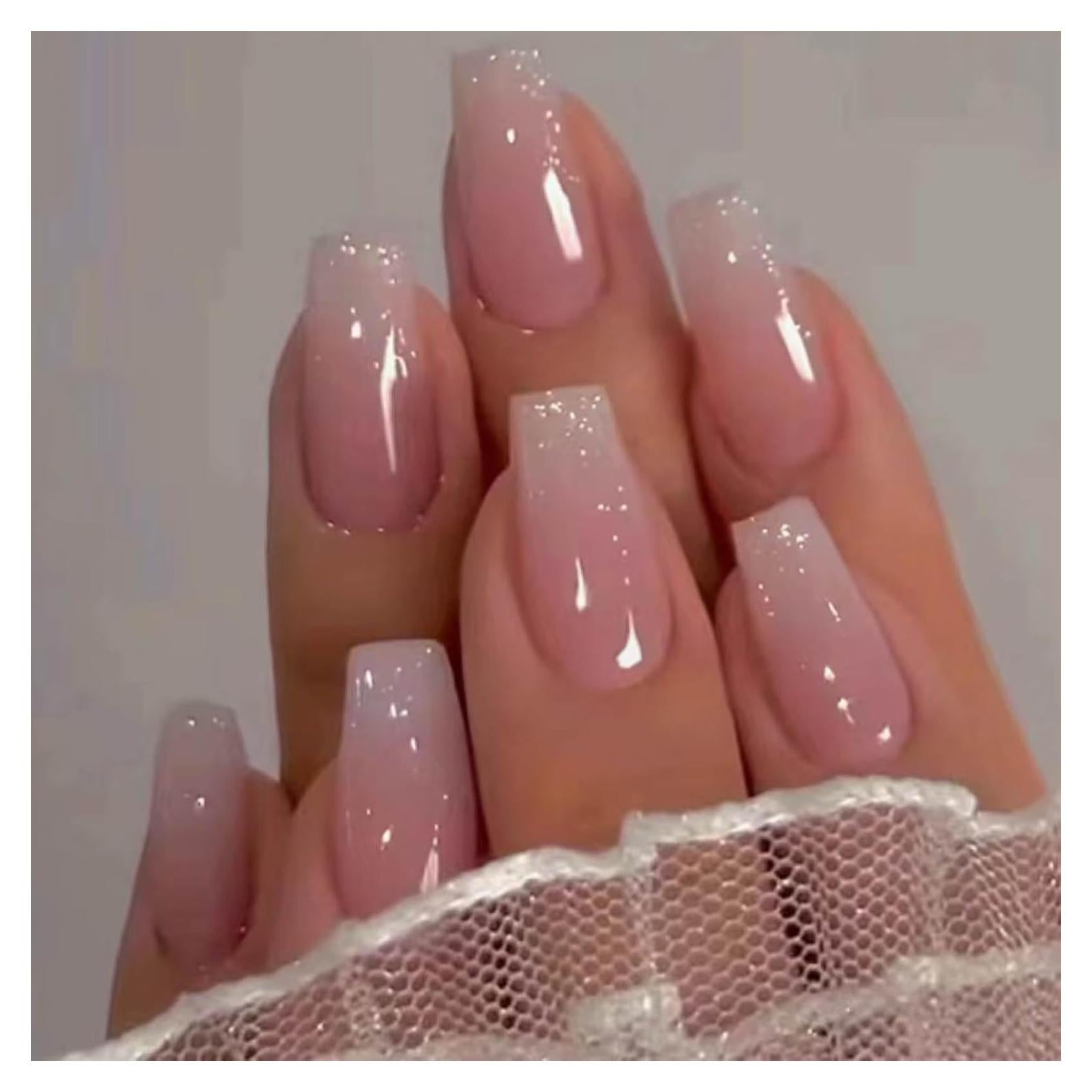 Uñas Postizas Bling Coffin Hkanlre Rosa Gradiente 24PCS