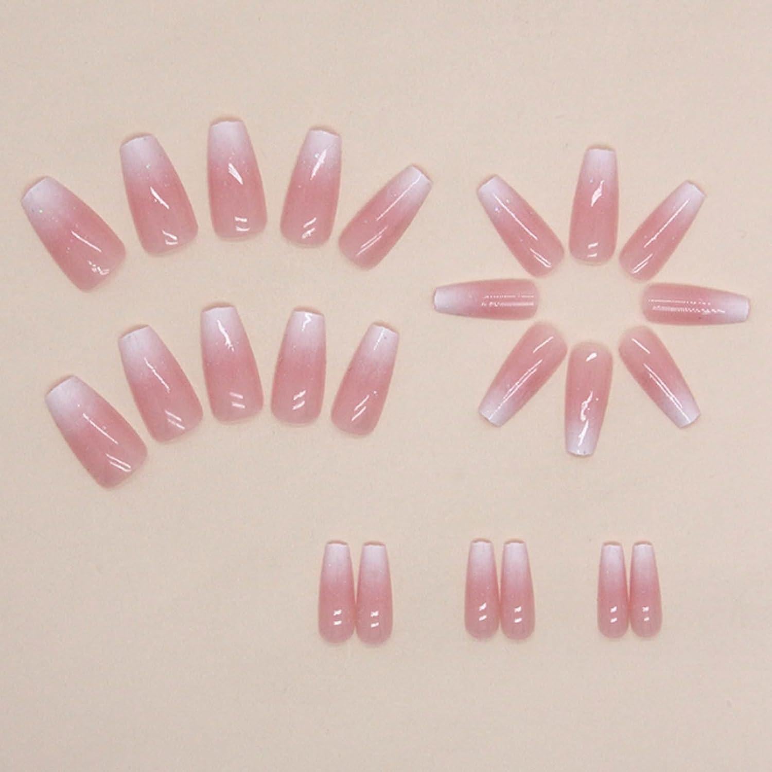Uñas Postizas Bling Coffin Hkanlre Rosa Gradiente 24PCS