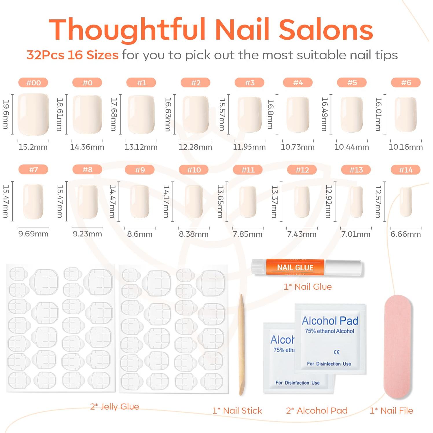 Kit Uñas Postizas Modelones Blancas 32Pcs 16 Tamaños