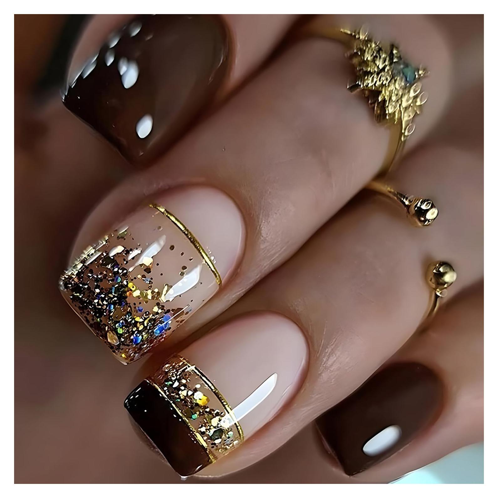 Uñas Postizas Cortas Francesas Marrón con Diseño de Oro - 24 Piezas