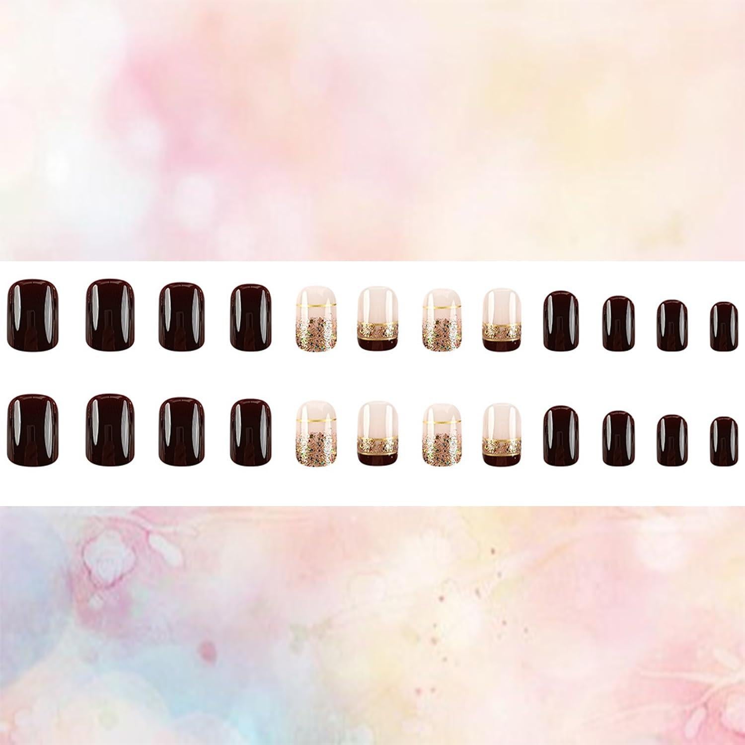 Uñas Postizas Cortas Francesas Marrón con Diseño de Oro - 24 Piezas