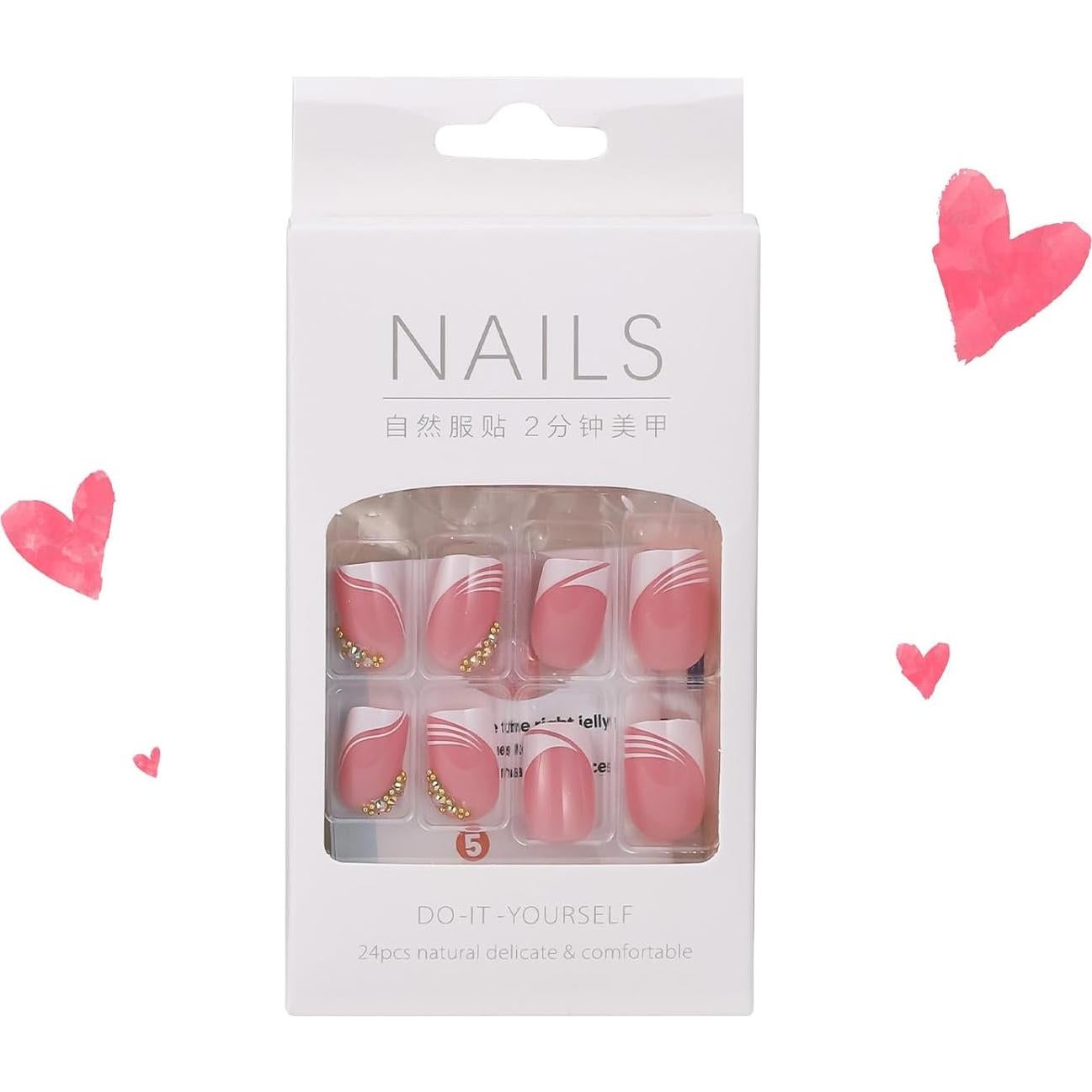 24 Uñas Acrílicas Postizas ASONRL Francesas Cuadradas Rosa