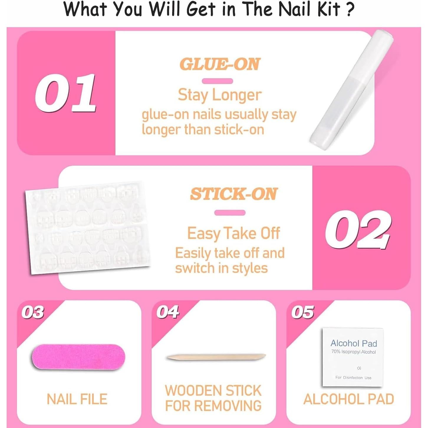 24 Uñas Acrílicas Postizas ASONRL Francesas Cuadradas Rosa