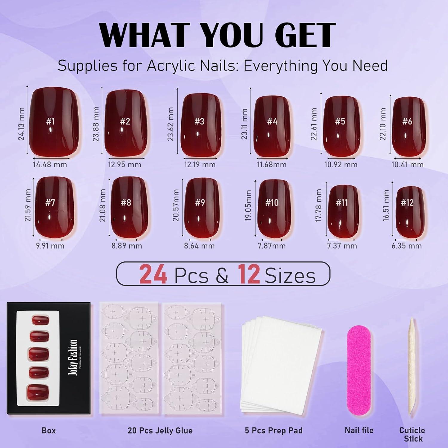 Uñas Postizas Cortas Jofay Fashion Rojo Vino 24PCS