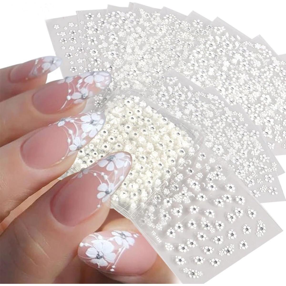 30 Hojas Stickers de Uñas 3D Florales Blancas ZRZETREB