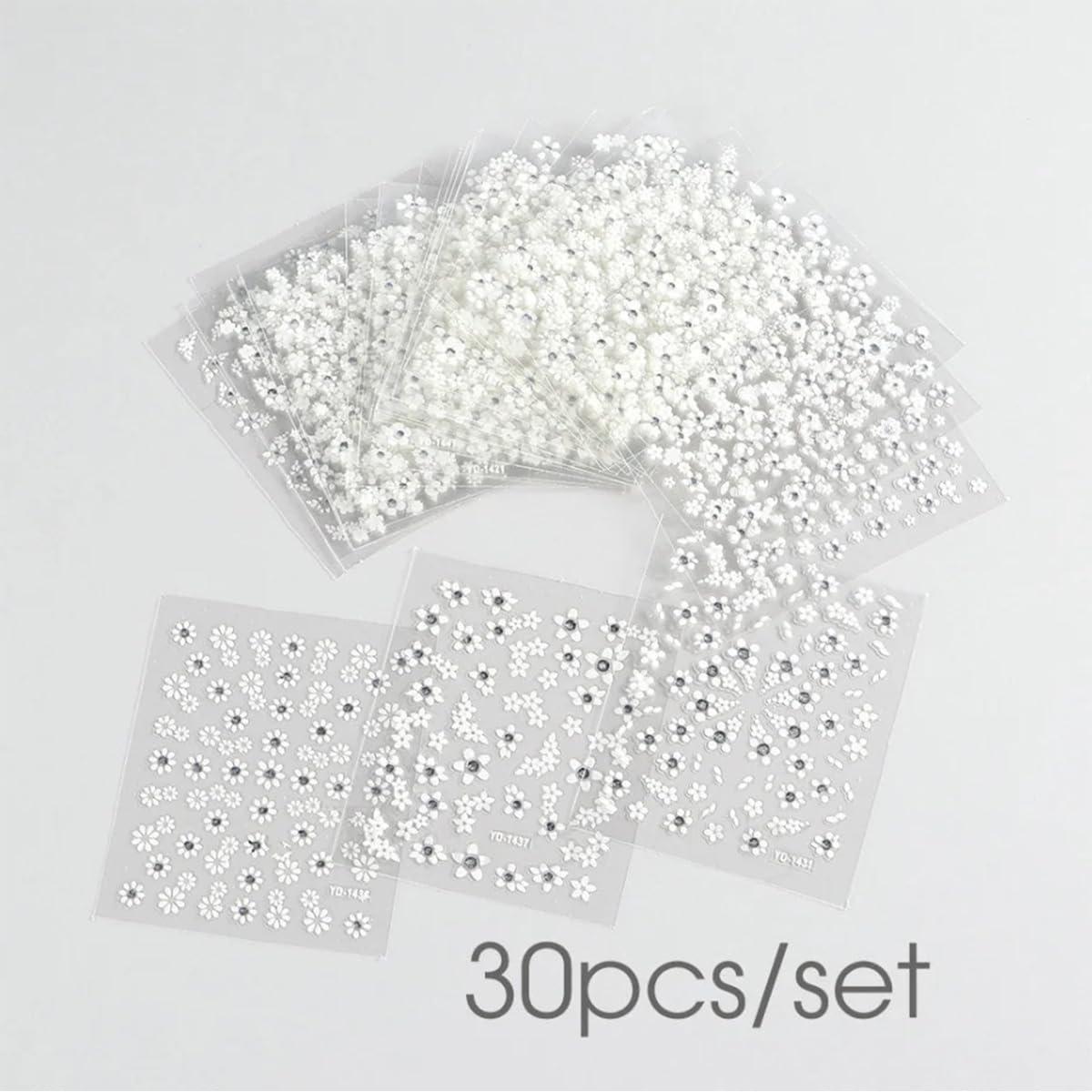 30 Hojas Stickers de Uñas 3D Florales Blancas ZRZETREB