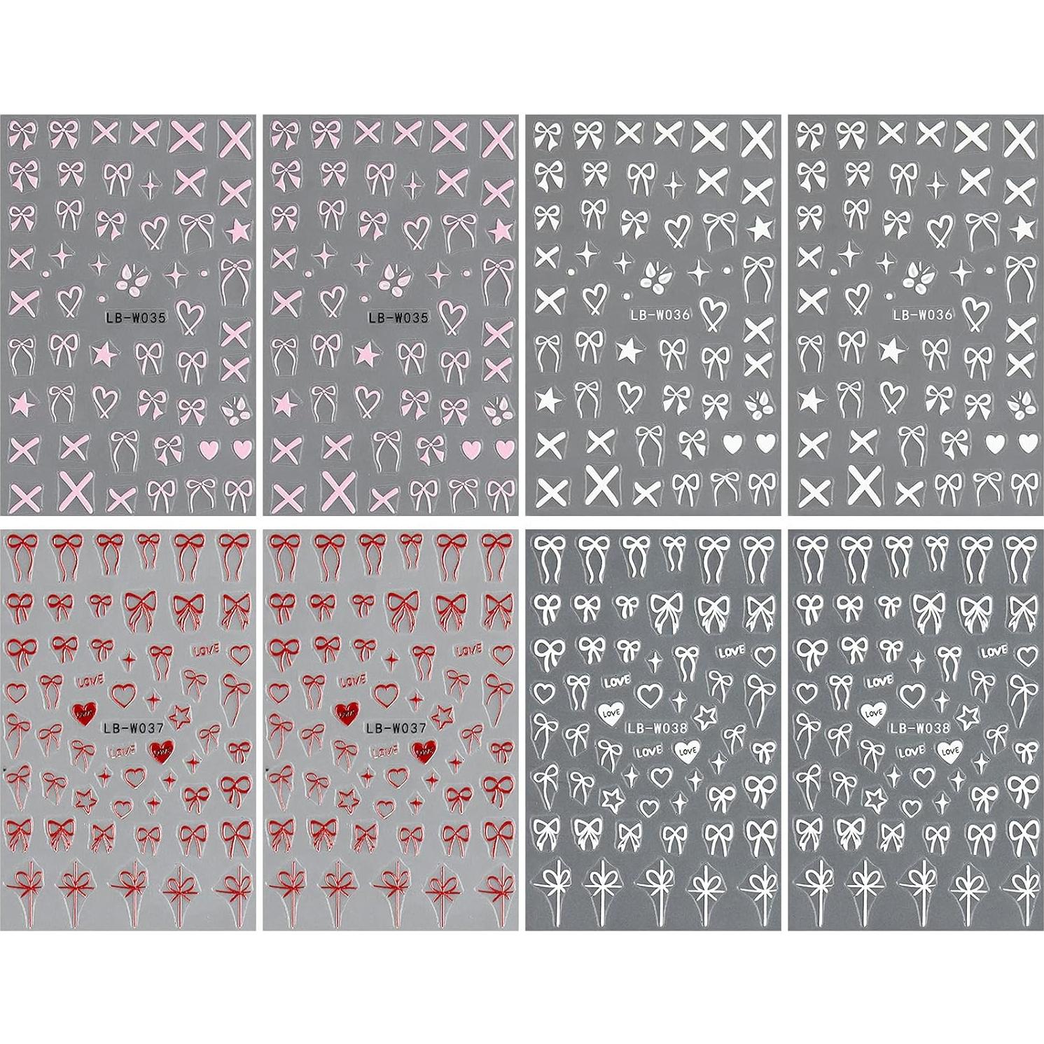 Pegatinas para Uñas JMEOWIO Corazón Lazo Autoadhesivas 8 Hojas