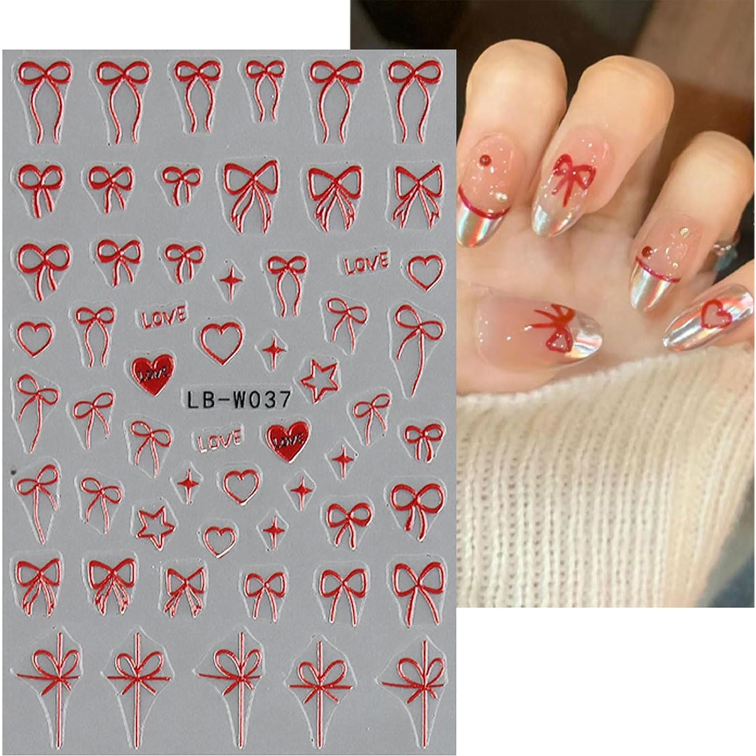 Pegatinas para Uñas JMEOWIO Corazón Lazo Autoadhesivas 8 Hojas