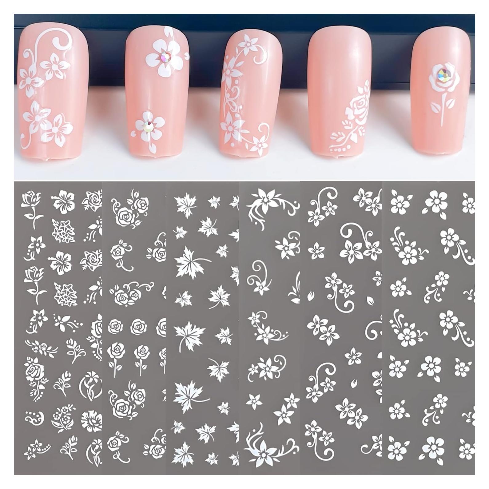 Calcomanías de Uñas IHUKEIT Flores Blancas 6 Diseños