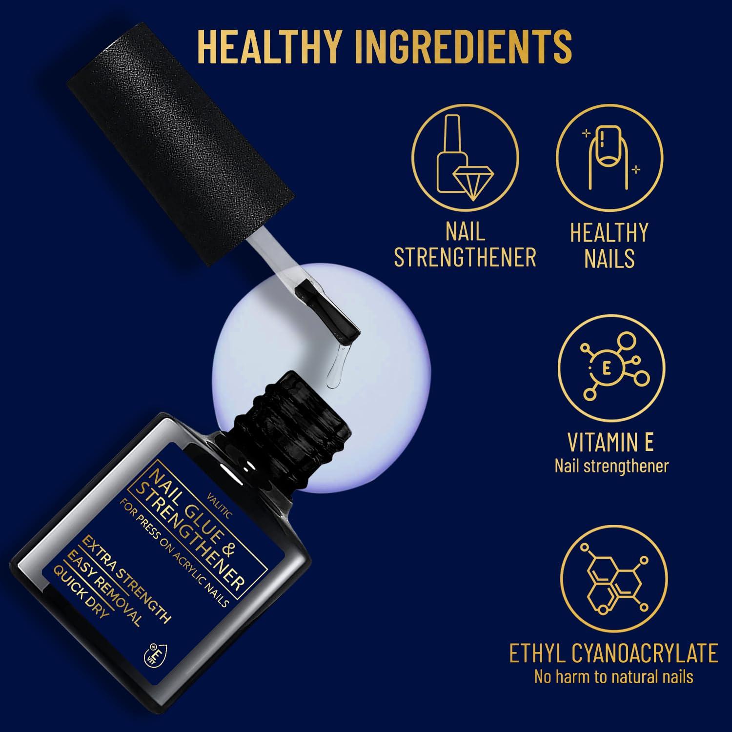 Valitic Strong Nail Glue and Strengthener - Quick Dry Brush On Gel for Long Lasting Nails - Adhesive Bond for False Nails - Strengthener for Nail Tips - 1 PACK