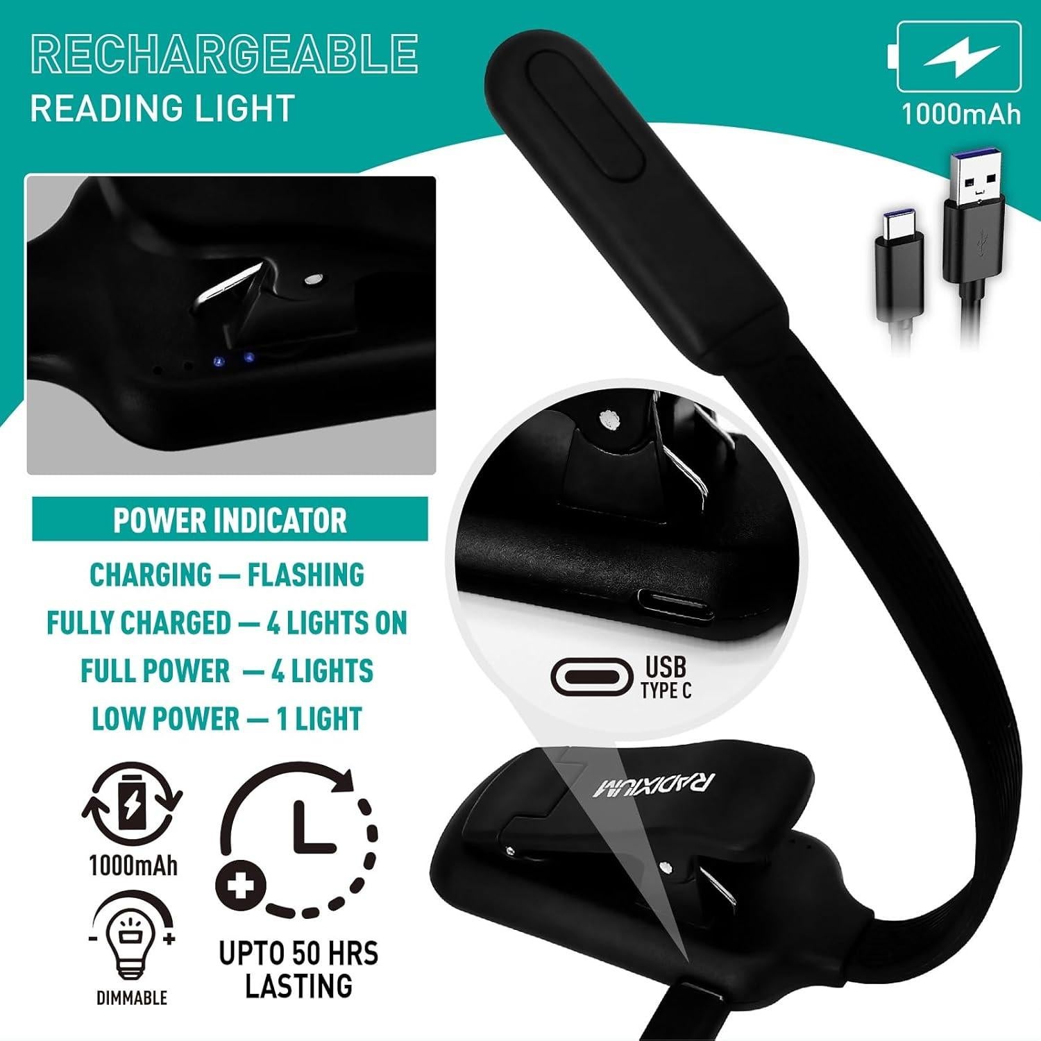 Luz de Libro Recargable RADIXIUM - 9 LEDs, 50H, USB-C, Negro