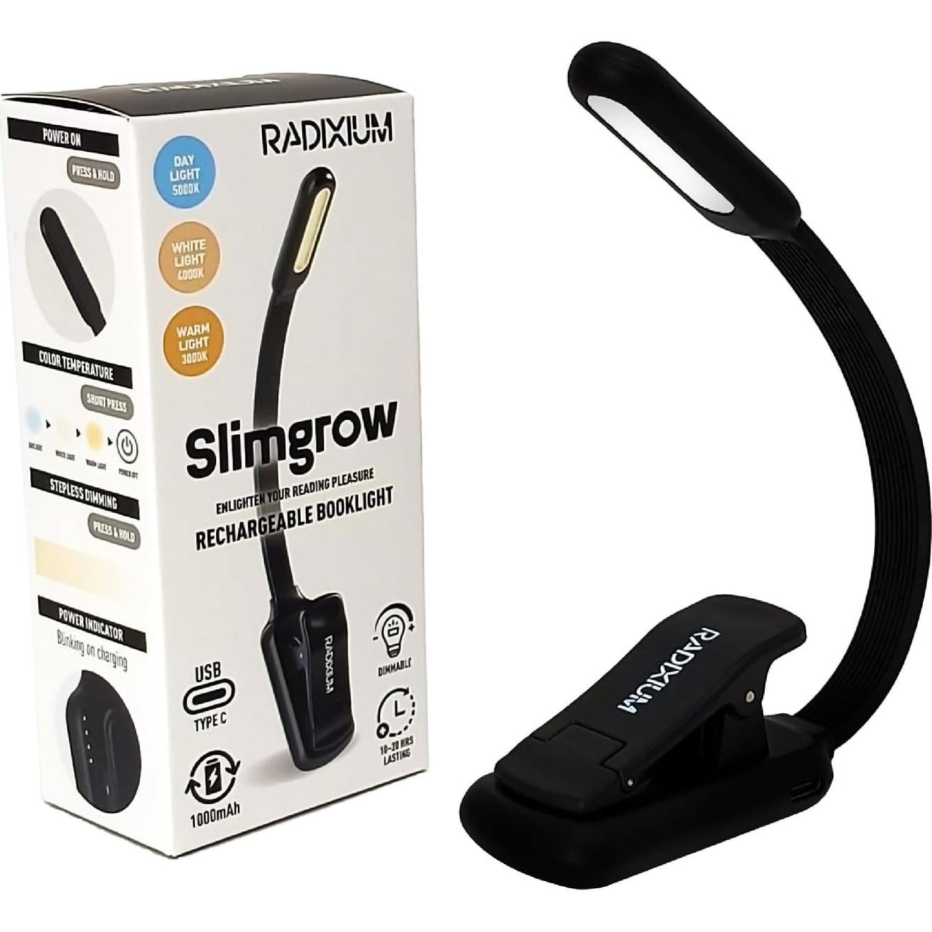 Luz de Libro Recargable RADIXIUM - 9 LEDs, 50H, USB-C, Negro