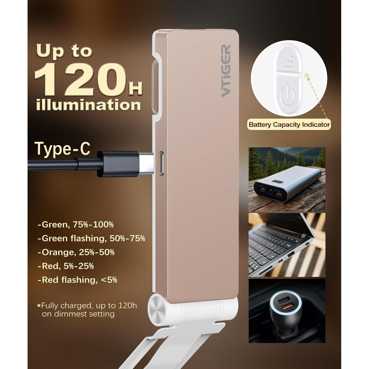 Luz de Lectura Recargable VTIGER B1 LED Clip Plegable 3 Colores