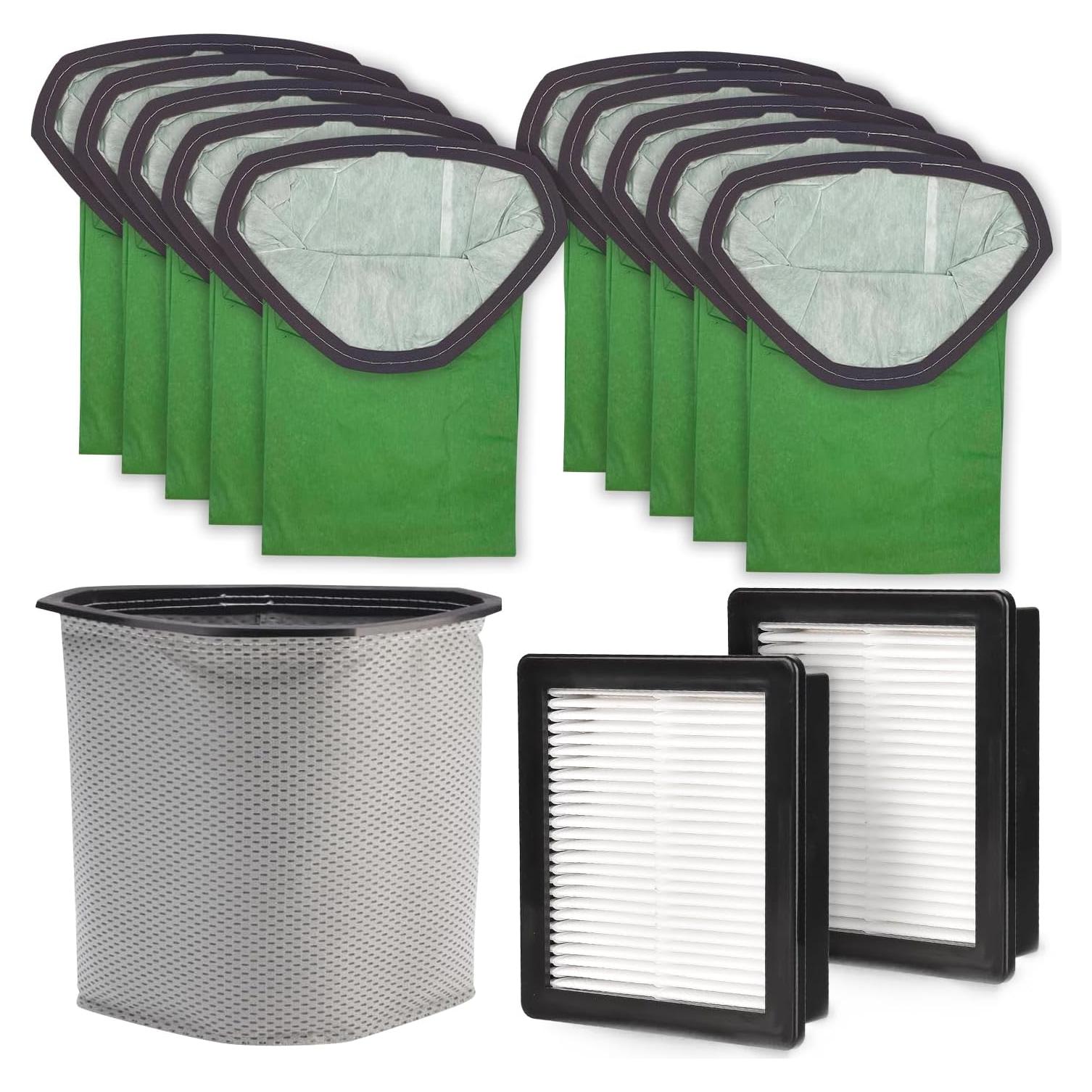Fit on ProTeam - 10 Triangle Paper Bags (6QT), 1 Triangle Cloth Bag (6QT), 2 HEPA Replacement Filters 107315. Generic Proteam Vacuum Parts & Accessories