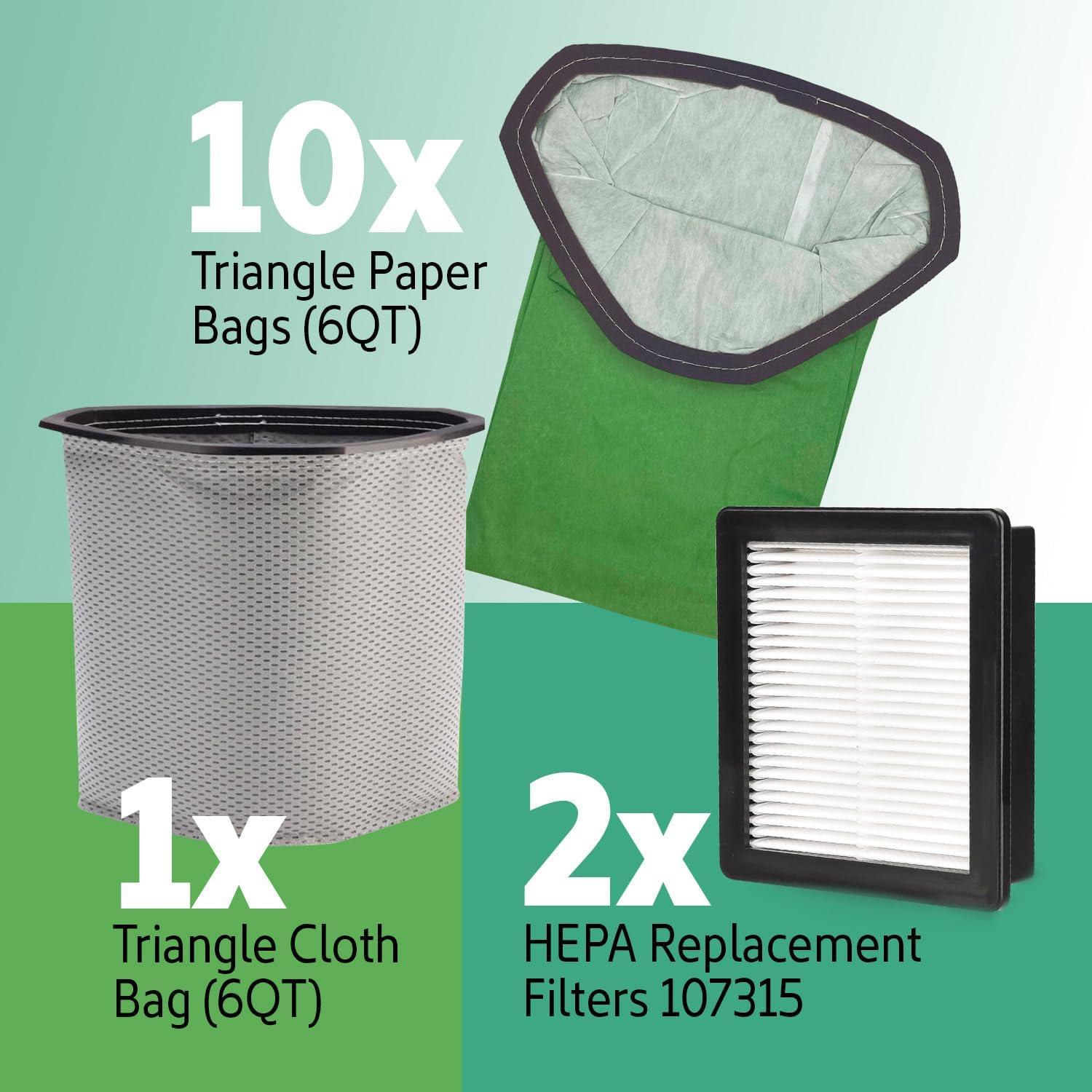 Fit on ProTeam - 10 Triangle Paper Bags (6QT), 1 Triangle Cloth Bag (6QT), 2 HEPA Replacement Filters 107315. Generic Proteam Vacuum Parts & Accessories